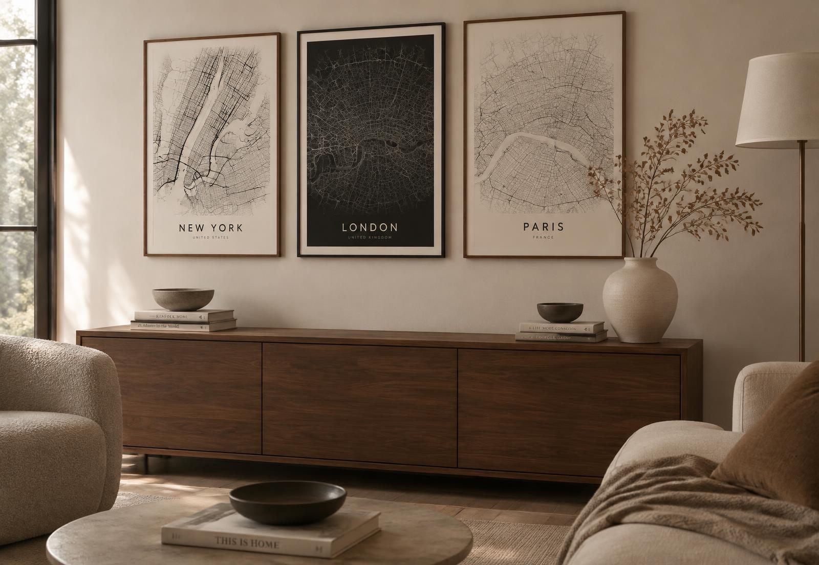 Three framed map prints in a warm living room